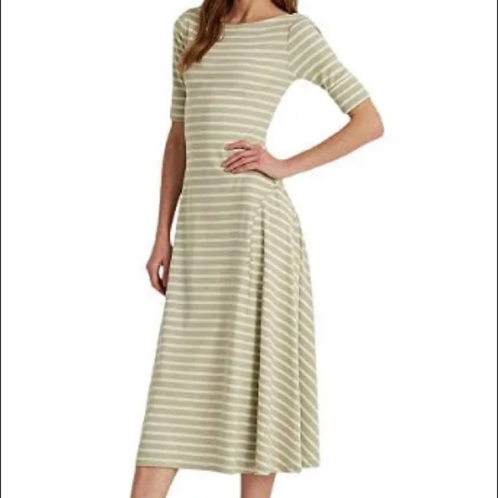 Lauren Ralph Lauren Green & Cream Striped Fit/Flare Boatneck Stretch Midi Dress